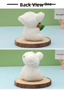 Detail showing the back view of a white plush koala pendant with carrot decoration