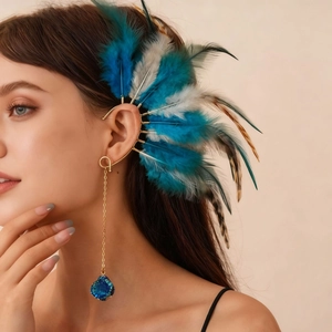 Λεπτομέρεια boho σκουλαρίκι ear cuff με φτερά, μπλε κρύσταλλο και χρυσή αλυσίδα σε μοντέλο