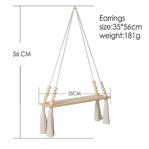 Handmade macrame wall hanging shelf with wood beads and tassels, size 35x56cm