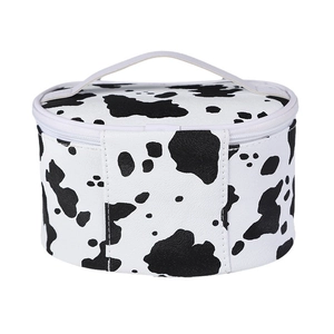 Portable large capacity cow print makeup bag with handle and waterproof PU leather material