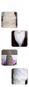 Close-up of handmade polyester gnome wine bottle cover with soft white beard and tall hat