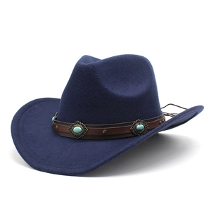 Classic dark blue wool felt western cowboy hat with brown leather band and turquoise studs