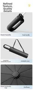 Detail view of the carabiner handle, matching umbrella cover, and reinforced top cap