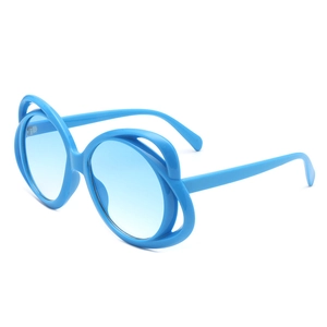 Fashionable blue oval sunglasses with hollowed cat-ear frame and tinted lenses for women