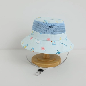 Detail of baby sun hat showing breathable mesh panels and cute cartoon elephant print