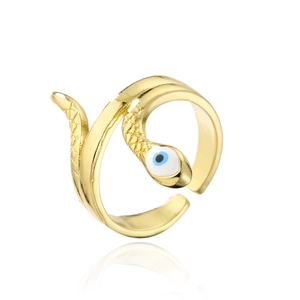 Adjustable gold snake ring with evil eye enamel detail and scale texture on white background