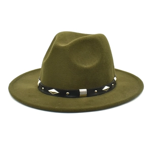 Detail of army green wool fedora hat featuring black leather band and gold metal rivets