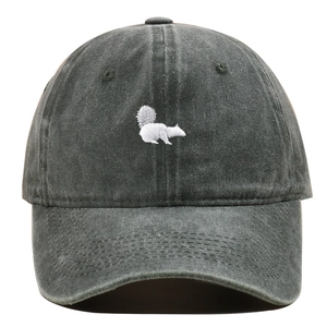 Detailed close-up of squirrel embroidery on a vintage washed cotton baseball cap