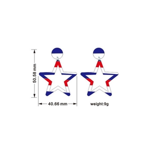 Detailed view of patriotic star earrings with red, white, and blue stripe pattern