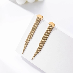Luxurious gold stainless steel long tassel earrings with minimalist geometric half-round studs