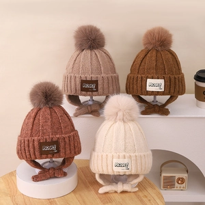 Kids Winter Knitted Ear Flap Hat With Big Faux Fur Pom-pom Thick Warm Ribbed Beanie Hat With Ties For Boys Girls