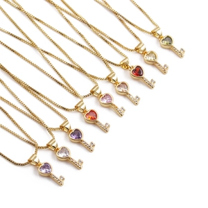 Heart Key Pendant Necklace Copper Gold Plated With Heart Crystal And White Zircon Box Chain Elegant Jewelry For Women
