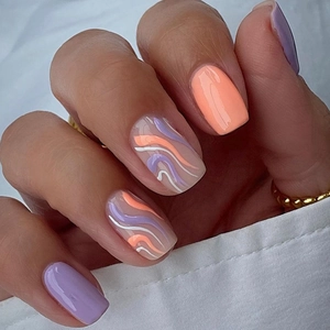 Lavender Purple And Fresh Orange Swirl Wave Printed Press On Nails Medium Square Removable Fake Nails Manicure For Women