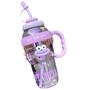 Large capacity purple cartoon plastic water bottle with handle and straw for outdoor use