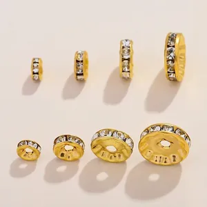 Golden rondelle spacer beads with rhinestones in four sizes for DIY jewelry making