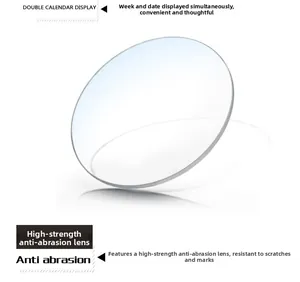 Detail view of high-strength scratch-resistant crystal glass for dual calendar watches