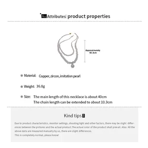 Detailed technical drawing of double-layered pearl necklace with copper and zircon material