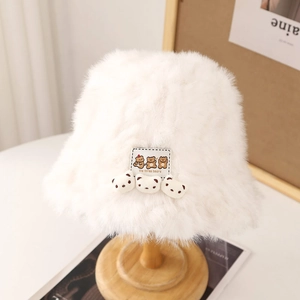 Cute white faux fur bucket hat with three bears embroidery and plush bear ornaments