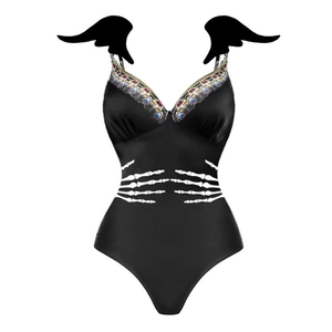 Maillot De Bain Halloween Femmes Gothique Diable Une Pièce Avec Ailes Imprimé Citrouille Bikini Et Jupe Longue Fête