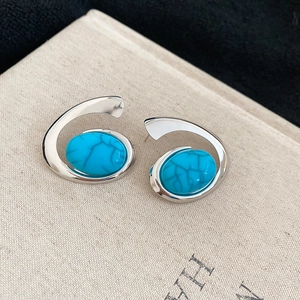 Detailed macro view of silver oval resin stud earrings with blue marble texture accents