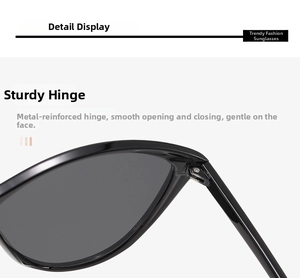Detailed close-up of reinforced metal hinges on black cat-eye sunglasses frame