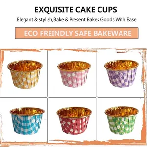 Set of 50 gold foil lined muffin cups with colorful plaid patterns for baking