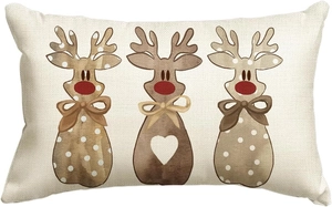 Christmas linen lumbar pillow cover featuring three cute cartoon reindeer on white background