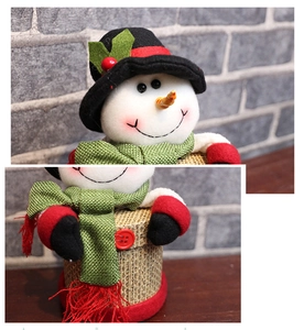 Detail of Christmas snowman gift box with plaid scarf and plush fabric textures