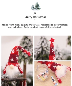 Close-up of Christmas gnome candy jar with snowflake knit hat and transparent storage base