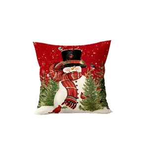 Christmas snowman and cardinal printed pillow cover in red and white linen texture