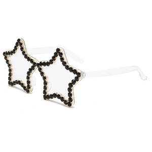 Star-shaped rimless sunglasses featuring crystal rhinestones and golden metal hardware