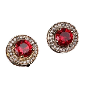 Starry round stud earrings with red crystal and gold frame accented by white diamonds
