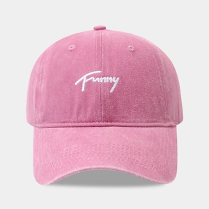 Pink washed cotton baseball cap with white Funny embroidery and classic 6-panel design