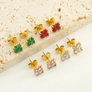 Boucles d'oreilles trèfle en acier doré 18K avec zircons colorés en forme de cœur