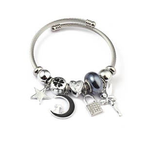 Detail of silver charm bracelet with celestial moon and Be My Valentine heart pendant