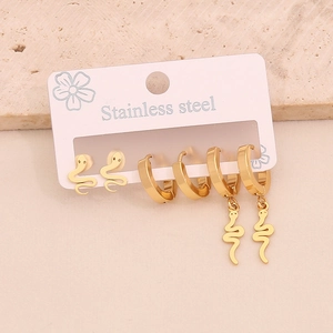3-pair set of gold stainless steel earrings featuring snake studs and hoop pendants