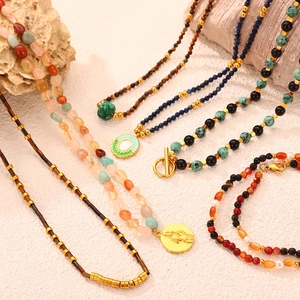 304 Stainless Steel Natural Stone Agate 18k Gold Plated Casual Retro Beaded Enamel Plating Round Necklace