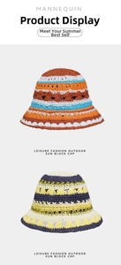 Detailed close-up of handmade crochet hollow floral knit hats in colorful striped patterns
