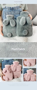 Detail of soft rabbit ear plush water bag covers in grey and pink fluffy fabric
