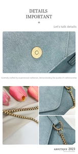 Detail of light blue textured shoulder bag featuring gold magnetic clasp and metal chain
