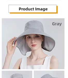 Close-up of grey wide brim sun hat featuring reinforced stitching and ponytail opening