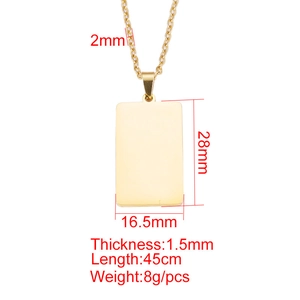 Gold stainless steel rectangle pendant necklace with detailed size and weight measurements