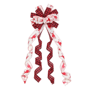Large burlap Christmas tree topper bow with red reindeer print and buffalo plaid pattern