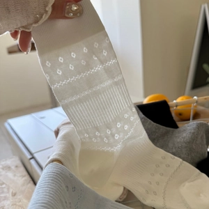 Detailed macro view of white openwork knit socks featuring intricate mesh floral patterns