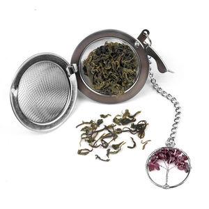Silver stainless steel tea infuser with Tree of Life crystal pendant and mesh ball filter