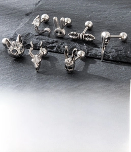Detail of gothic stainless steel ear studs featuring cat, rabbit and skull designs