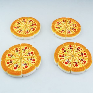 Detailed top view of four realistic miniature pizza toys with diverse colorful toppings