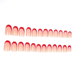 24pcs almond shape French red tips press-on nails with natural pink base color