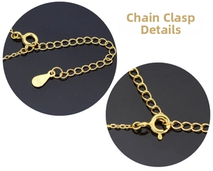 Detail of gold-plated S925 sterling silver necklace clasp with adjustable chain link
