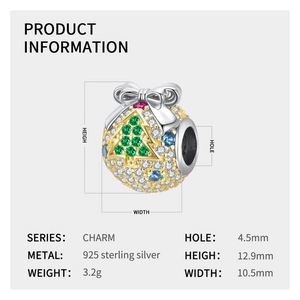 Detailed specs of S925 sterling silver Christmas tree charm with dimensions and zircon inlay